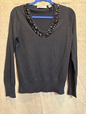 Liz Claiborne Black V-Neck Sweater with Faceted Gem Trim